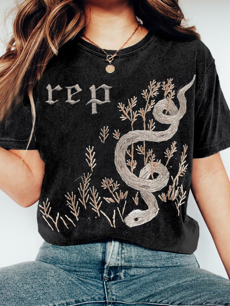 Music Album Snake Embroidered Vintage Washed T Shirt