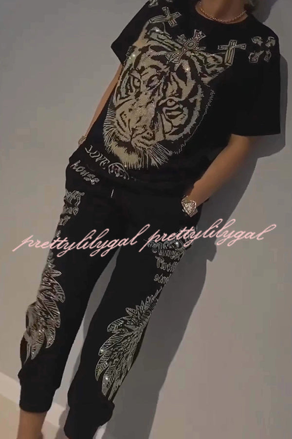 Stylish Tiger Print Short Sleeve Crew Neck Top and Elastic Waist Pocket Pants Set