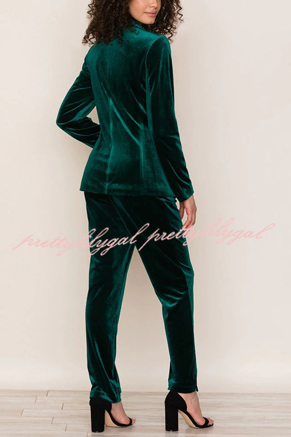 Solid Color Velvet Long-sleeve Blazer and Elastic Waist Pocket Pants Set