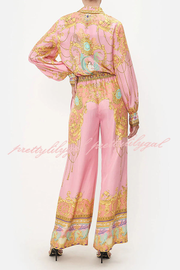 Mermaid Motel Unique Print Long Sleeve Loose Shirt and Elastic Waist Pants Set