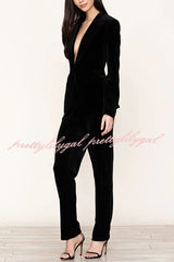 Solid Color Velvet Long-sleeve Blazer and Elastic Waist Pocket Pants Set