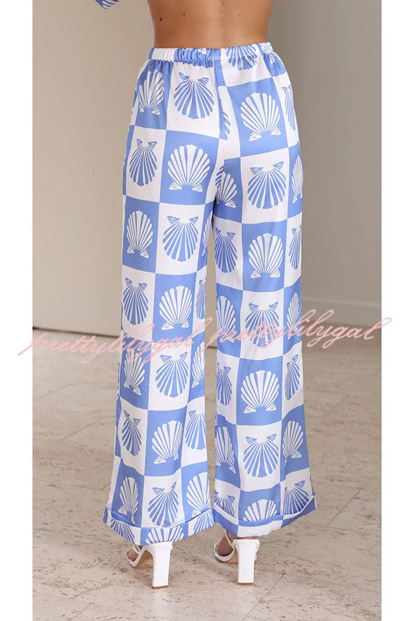 Ocean Legend Satin Shell Print Button Up Shirt and Elastic Waist Pants Set