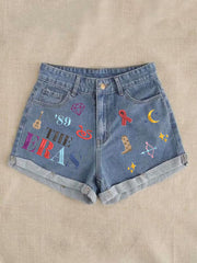 The Eras Music Embroidered Pattern Women's Denim Shorts