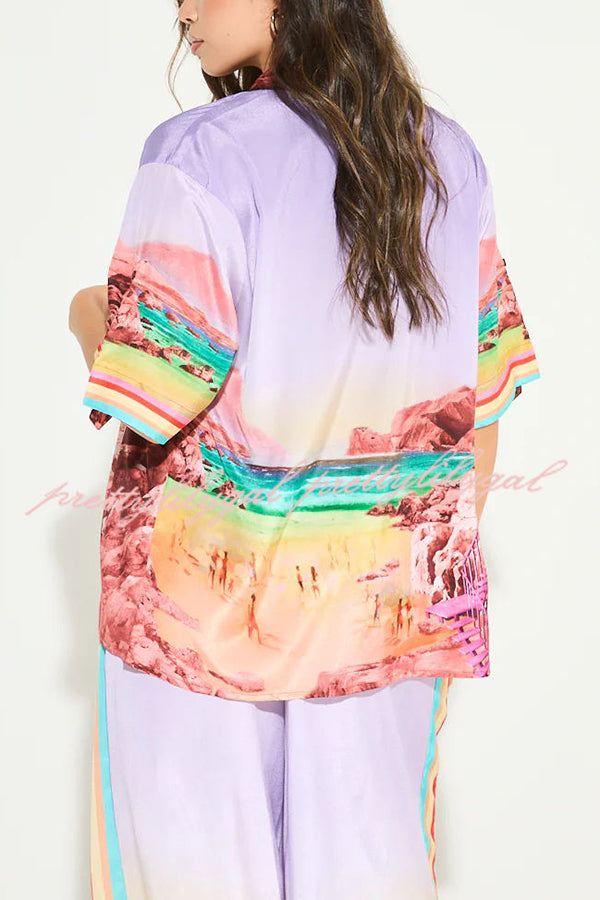 Lilac Sunrise Unique Print Short Sleeve Loose Shirt and Elastic Waist Pocket Pants Set