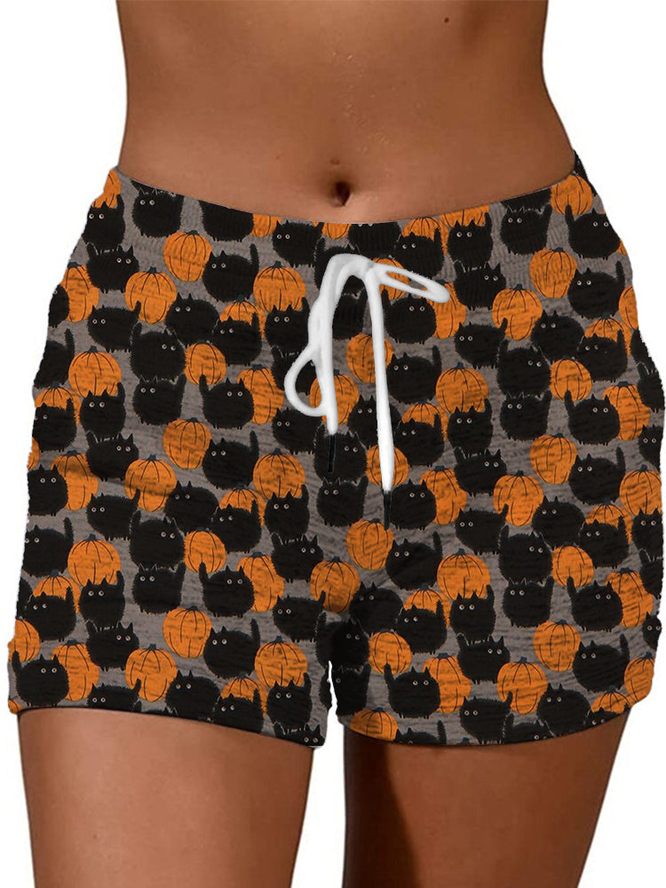 Halloween Pumpkins & Black Cats Drawstring Casual Shorts