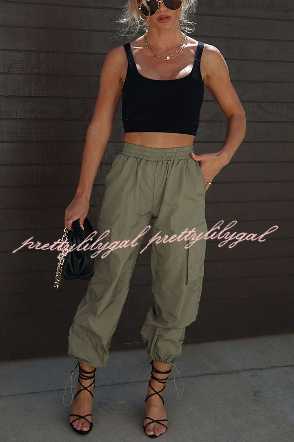 Let's Rewind Nylon Elastic Waist Pocketed Cargo Pants