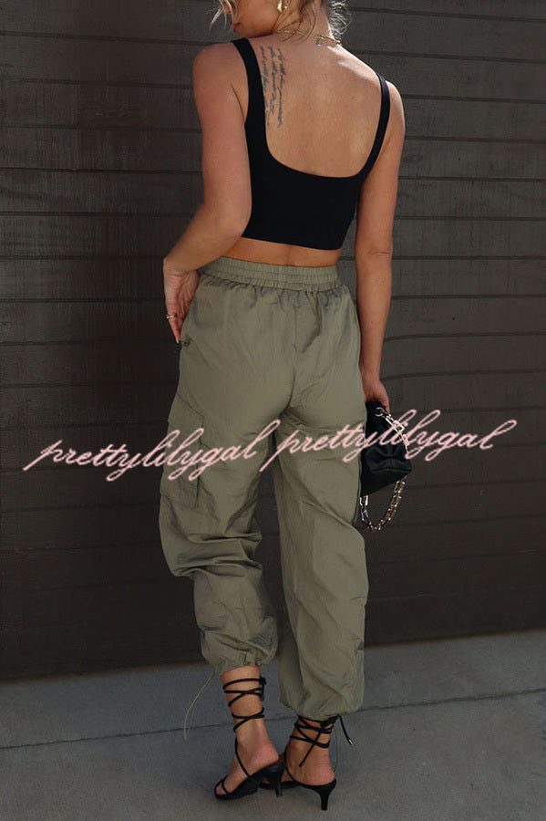 Let's Rewind Nylon Elastic Waist Pocketed Cargo Pants