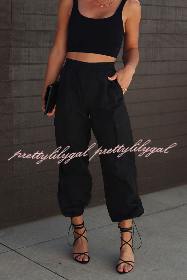 Let's Rewind Nylon Elastic Waist Pocketed Cargo Pants