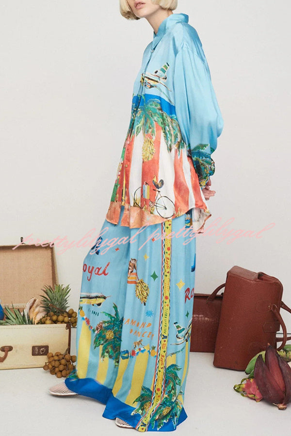 Vacation Flights Satin Unique Print Elastic Waist Pocketed Wide Leg Pants