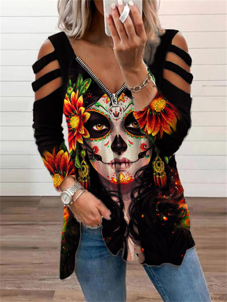 Day of the Dead Skull Print Cutout Shoulder T Shirt