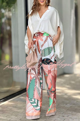 V Neck Bat Sleeve Top and Leaf Print Tie High Rise Wide Leg Pants Suit