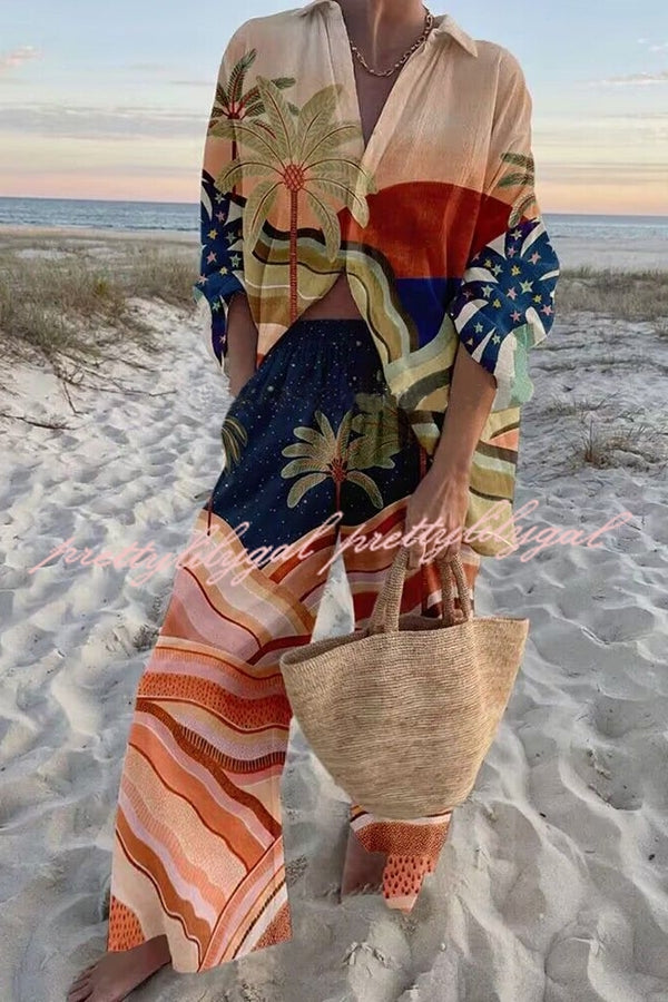 Sunset Atmosphere Palm Print Oversized Blouse and Elastic Waist Pocketed Pants Set