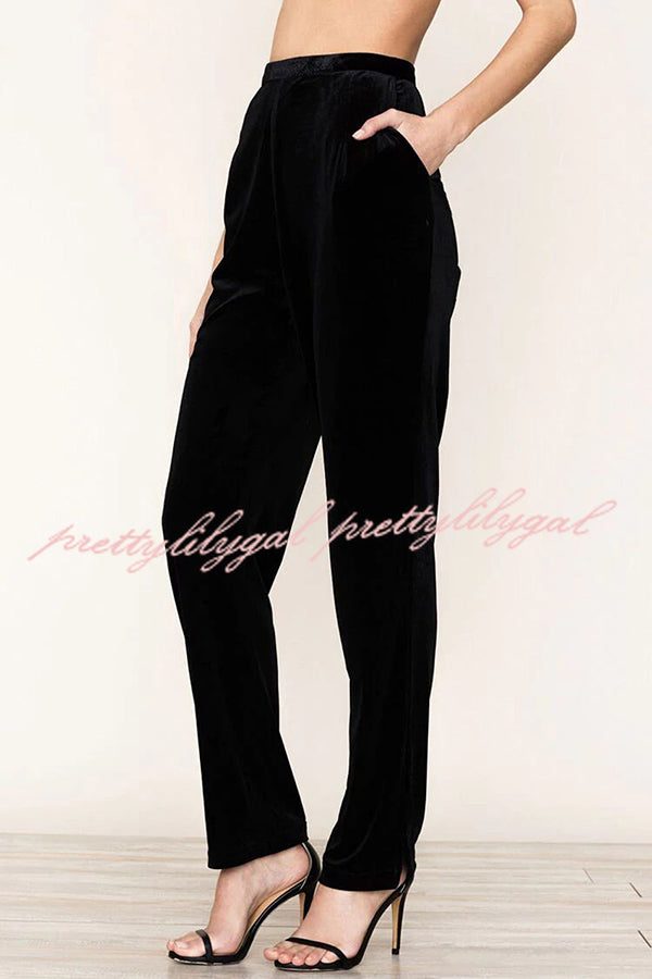 Solid Color Velvet Long-sleeve Blazer and Elastic Waist Pocket Pants Set