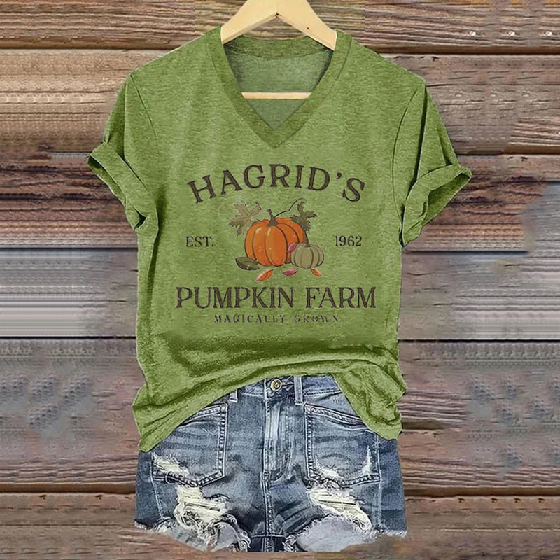 Women's Hagrid's Pumpkin Patch Print V Neck T-Shirt