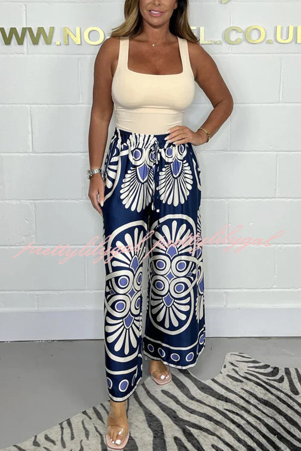 Satin Unique Printed Elastic Waist Tie Casual Vacation Loose Pants