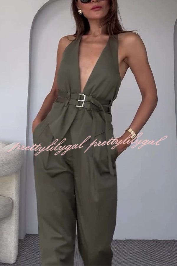 Sexy Backless Belted Waistcoat and Casual Pocket Pants Set