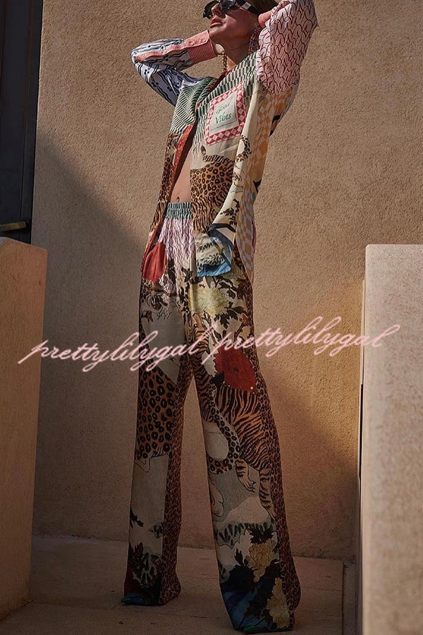 Tropical Jungle Tiger Unique Print Long Sleeve Loose Shirt and Elastic Waist Pants Set