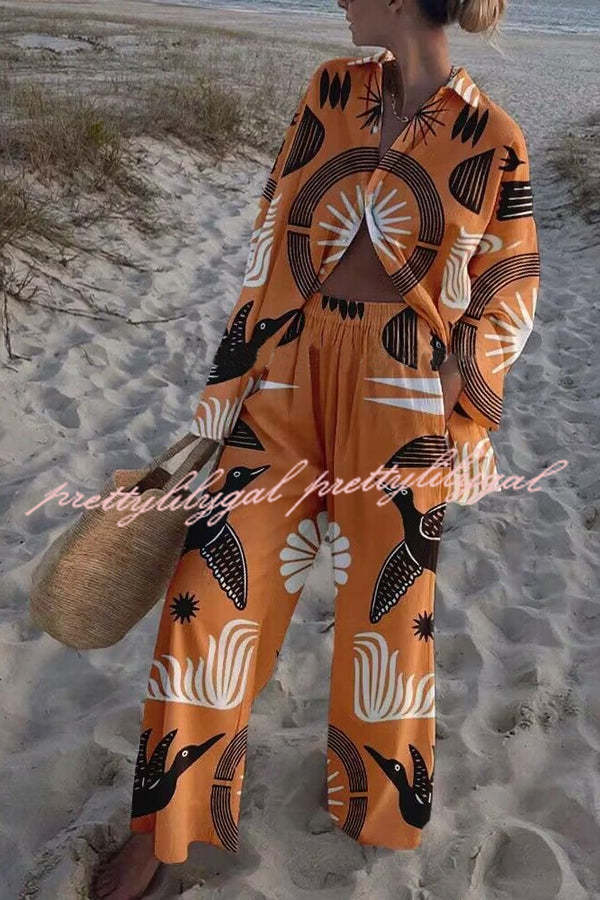 Folk Totem Printed Oversized Blouse and Elastic Waist Pocketed Pants Set