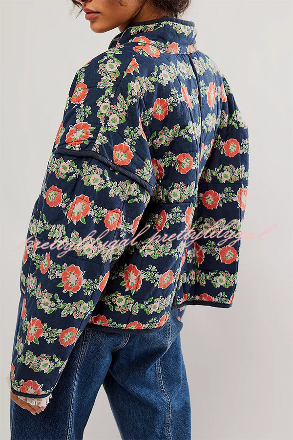 Floral Print Pocket Contrast Concealed Button Cotton Coat