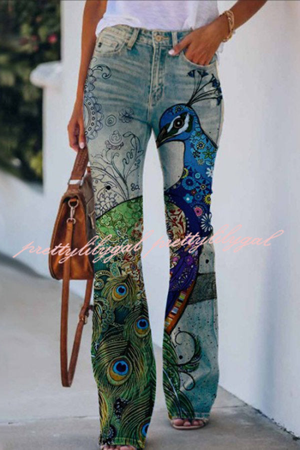 On A Drive Printed Faux Denim High Rise Flare Pants