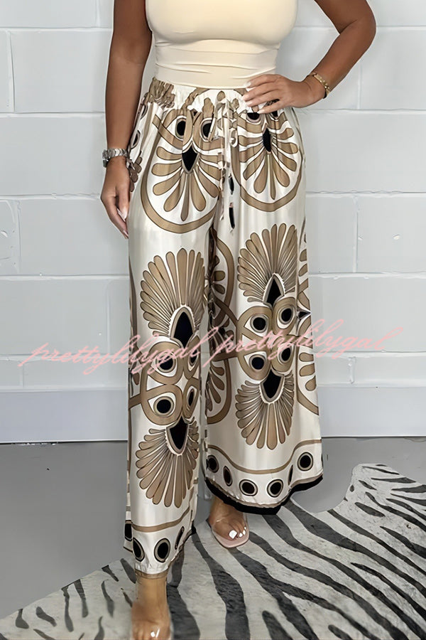 Satin Unique Printed Elastic Waist Tie Casual Vacation Loose Pants