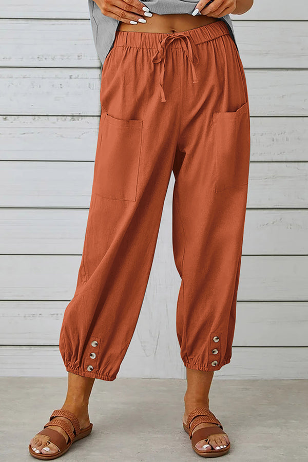 Tatum Linen Blend Elastic Waist Pocketed Button Hem Pants