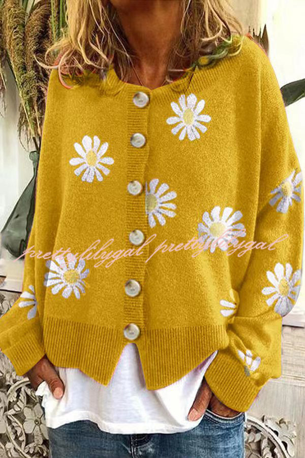 Chrysanthemum Embroidery Knitting Button Down Cardigan Coats