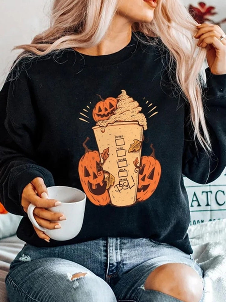 Crew Neck Long Sleeve Halloween Print Sweatshirt