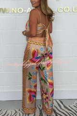 Parrot Satin Unique Print Scarf Tank and Elastic Waist Wide Leg Pants Set