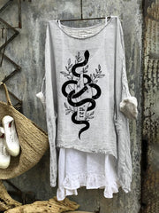 Rep & Snake Flower Print Linen Flowy Loose Top