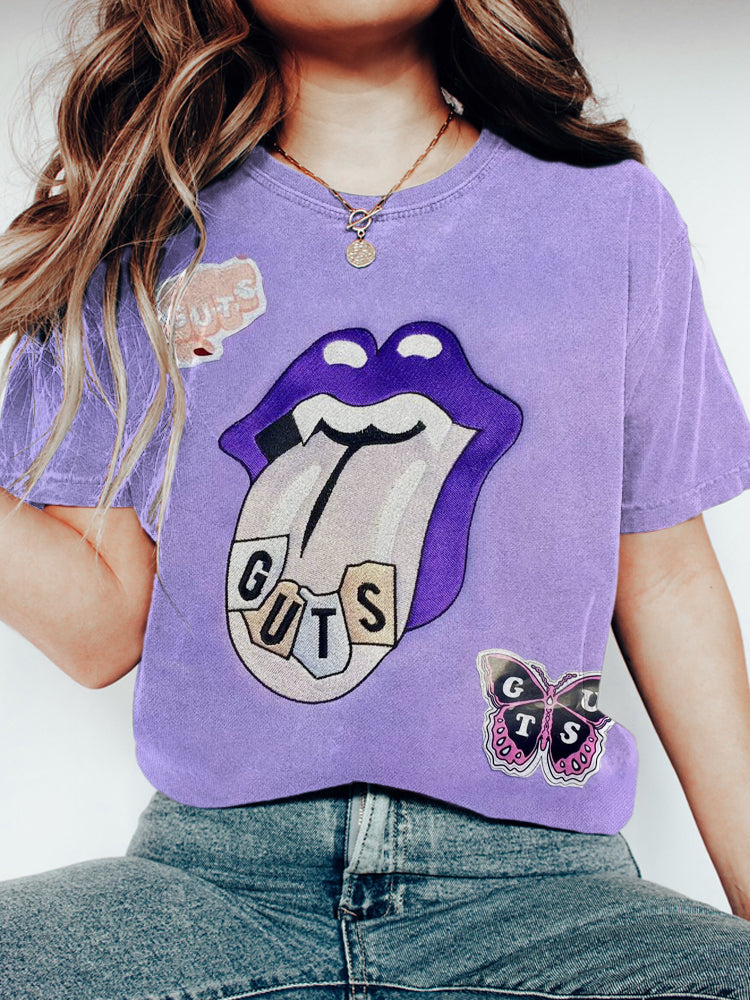 Lips Embroidery Print Ladies Short Sleeve T-Shirt