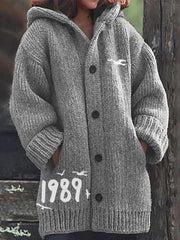 1989 Seagulls Embroidery Cozy Knit Hooded Cardigan