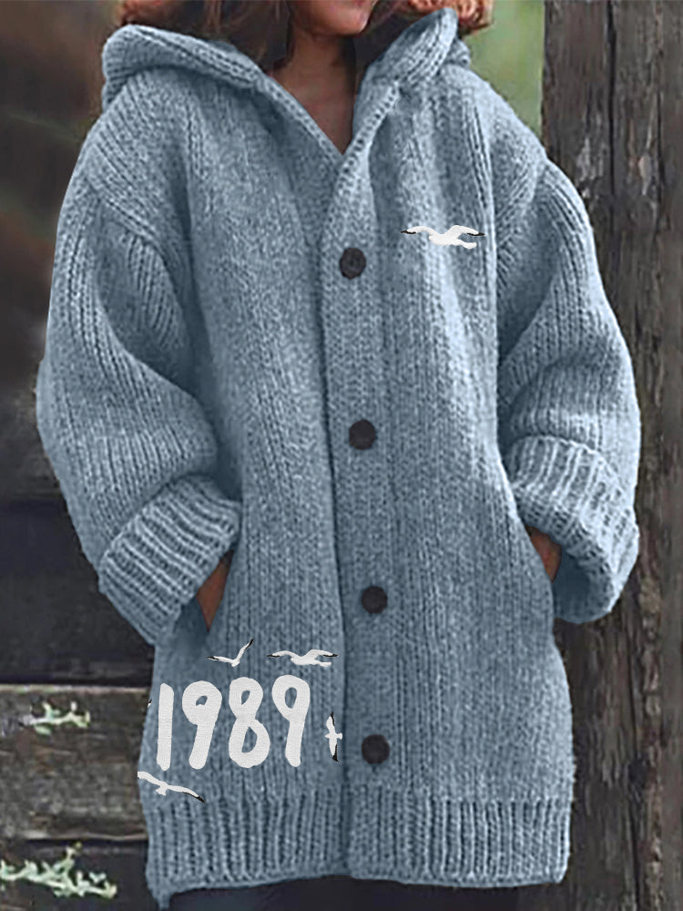 1989 Seagulls Embroidery Cozy Knit Hooded Cardigan