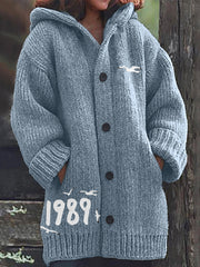 1989 Seagulls Embroidery Cozy Knit Hooded Cardigan