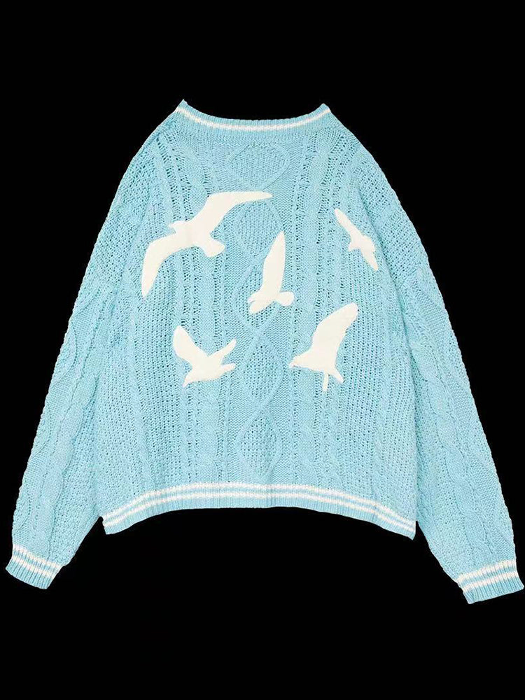 1989 Seagulls Embroidered V Neck Cozy Knit Cardigan