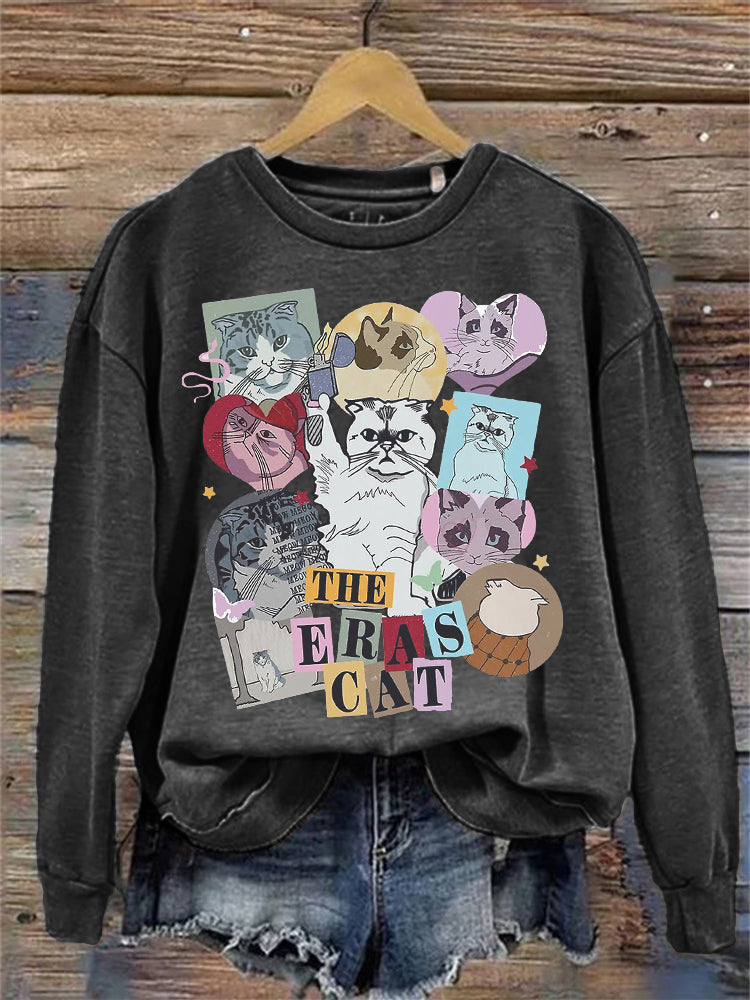 The Eras Cat Stickers Graphic Washed Sweatshirt