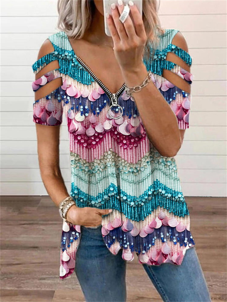 Fringe Glitter Pattern Hollow Out Zip Up T-Shirt